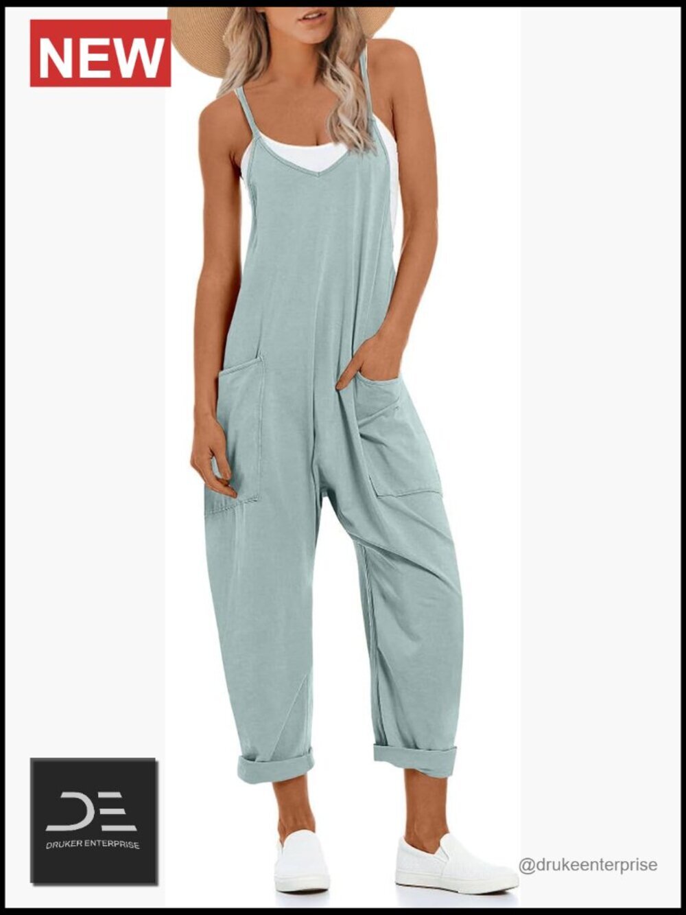 Stretchy Jumpsuit Romper with Pockets Wide Leg Beach Vacation Outfit